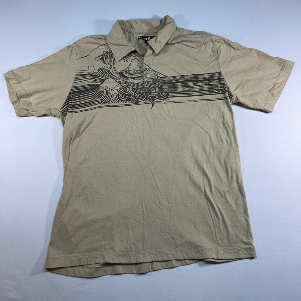 Quiksilver Mens Tan Great Wave Graphic Polo Shirt Large Short Sleeve Y2K Surf